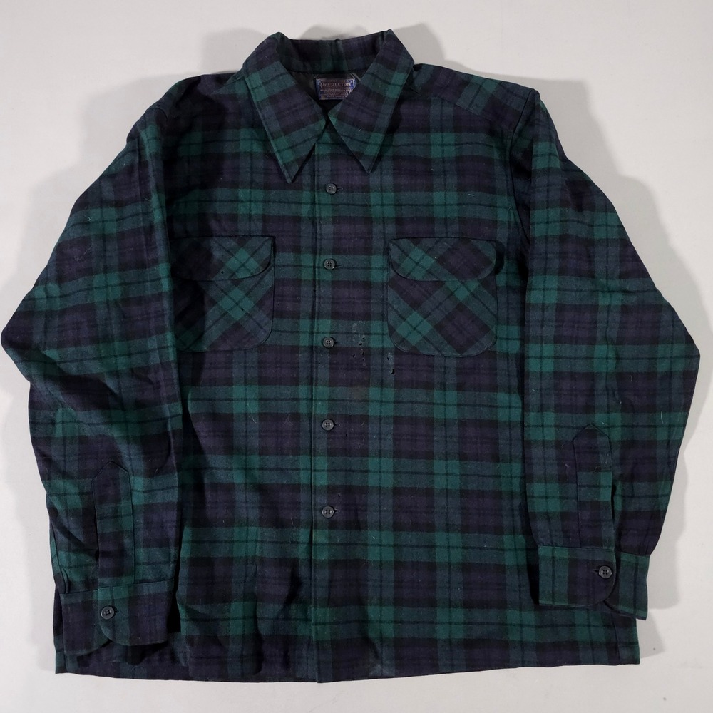 Pendleton  Shirt Mens XL Green Blue Plaid Wool Loop Collar True 50s Vintage USA